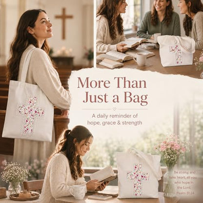 Christian Tote Bag Gift for Women, Canvas Bible Bag Handmade Floral Cross - color: White-pink Rose Garden
