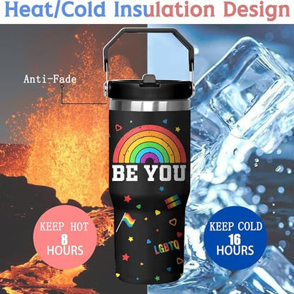 Rainbow Pride Flag Tumbler, Retro Be You Travel Mug, Gay Pride Cups Lesbian Gifts for Women Men, 30 Oz Stainless Steel Tumbler With Handle & Straw, LGBTQ Awareness Month Gifts - color: LGBTQ Awareness Tumbler-2