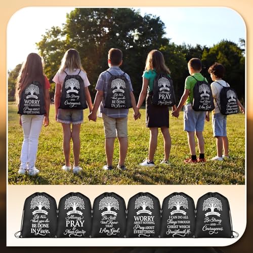 Bulyoou 24 Pcs Black Christian Drawstring Backpack Religious Gift Drawstring Bags Large Bible Verse Baptism Reusable String Bag for Church Bible Study Group - style: Black Religion