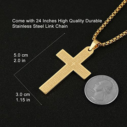 HZMAN Stainless Steel Cross Necklace for Men Women Lord's Prayer Pendant - color: Gold