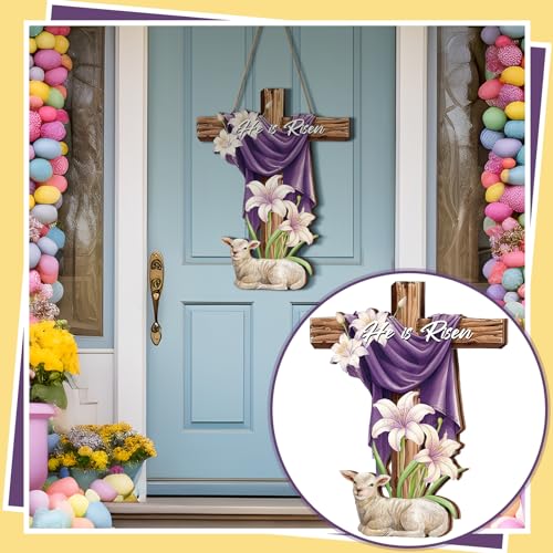 Menkxi Easter Door Sign He is Risen Hanging Decor Religious Cross Sign Easter Wreaths for Front Door Outside Christian Flowers Hanging Hanger for Farmhouse Front Porch Wall Decor(Cross) - style: Cross