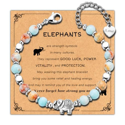 Bracelet for Women Natural Stone Beaded, Stainless Steel Charms, Adjustable - color: 8-Elephant
