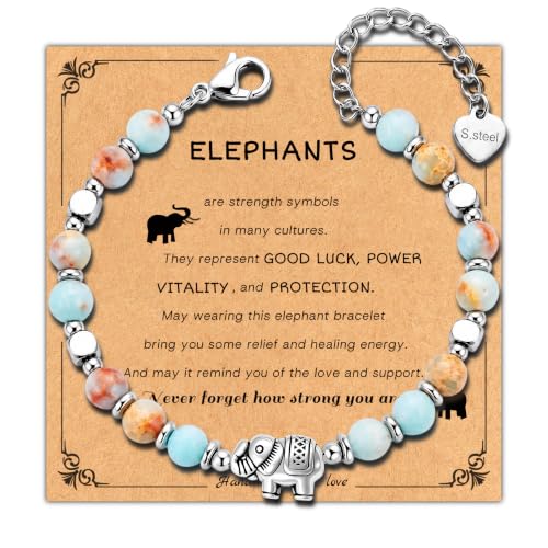 Bracelet for Women Natural Stone Beaded, Stainless Steel Charms, Adjustable - color: 8-Elephant