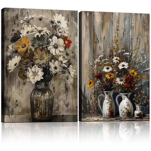 2pcs Framed Rustic Metal Vase Wall Art Canvas Home Vintage Floral Farmhouse Decor Country Style Indoor Kitchen Living Room Bedroom Home Office Dining Ready To Hang 24x16 Inch - color: Vintage Wildflowers, size: 24"x16"