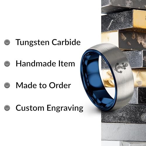 Gift for Nautical Fan - Anchor With Rope Ring - Men Women - Tungsten - Flat Dome Bevel - Band - Yellow Gold Black Silver Blue - Anniversary Wedding - 8mm - Brushed Polished - Personalized Custom Engra - color: 03 - Blue Grey Tungsten