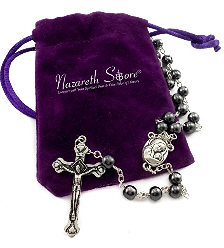 Nazareth Store Hematite Rosary Beads Black Stone Catholic Rosary Necklace with Jerusalem Holy Soil & Cross Antique Religious Rosaries Beads Collection - color: Black