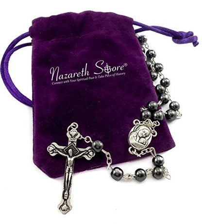 Nazareth Store Hematite Rosary Beads Black Stone Catholic Rosary Necklace with Jerusalem Holy Soil & Cross Antique Religious Rosaries Beads Collection - color: Black