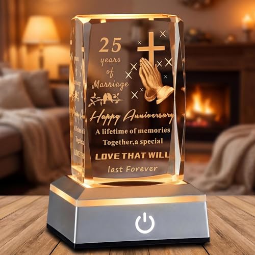 25th Wedding Anniversary Crystal Gifts for Couples with LED Base, Laser Engraved Happy Anniversary Keepsake Gift for Wife Husband, Marriage Gifts for Her Him - color: 25TH Wedding Anniversary