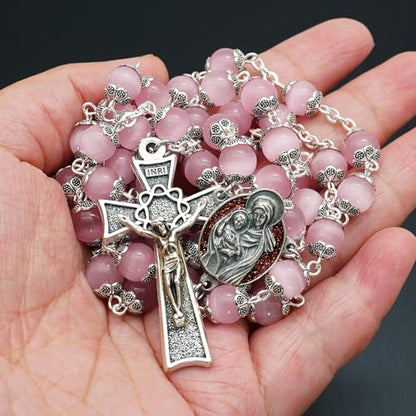 Rosary Beads Catholic for Woman - Italy 8-9mm AAA+ Natural Pink Cat Eyes Gemstone Rosary Beads.