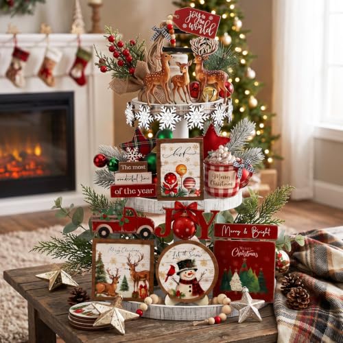 Vercraft Christmas Tiered Tray Decor Xmas Wooden Table Decor, Farmhouse - style: Farmhouse Christmas