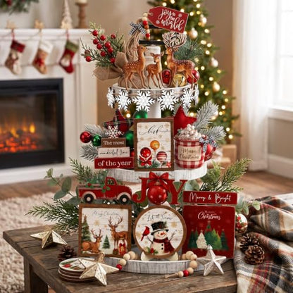 Vercraft Christmas Tiered Tray Decor Xmas Wooden Table Decor, Farmhouse - style: Farmhouse Christmas