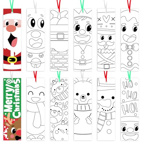 Haooryx Christmas Santa DIY Bookmarks - 75pcs Christmas Color Your Own Bookmarks Kids DIY Coloring Blank Party Game Prize Goodie Bag Fillers Gift Tags Reading Enthusiasts Students Classroom Reward - style: Christmas Character