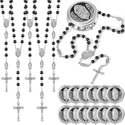 Jadive 12 Sets Catholic Rosary Necklace 6mm Glass Pearl Beaded - color: Black
