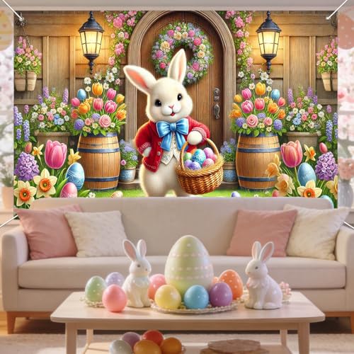 IVN Easter Bunny Banner 71x43 Inch Spring Egg Basket Flowers Front Door - color: Easter Bunny Front Door Spring Floral
