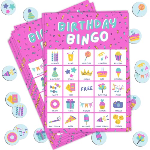 Markt Birthday Bingo Game for Kids Birthday Party Games, Kids Party Games Supplies - 23 Players - Pink - color: Birthday Bingo – Pink