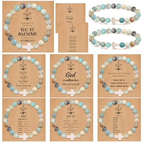 COLOYAN 9Pcs Cross Natural Stone Beaded Stretch Bracelets for Women - color: B-amazonite