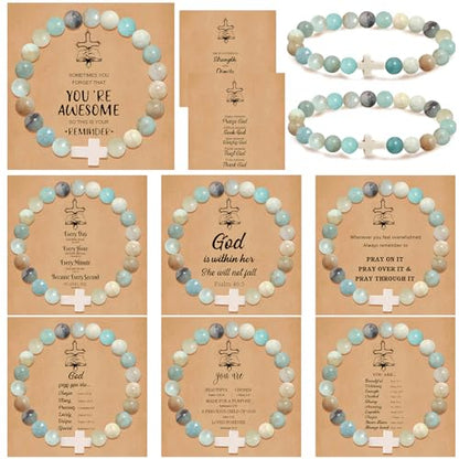 COLOYAN 9Pcs Cross Natural Stone Beaded Stretch Bracelets for Women - color: B-amazonite