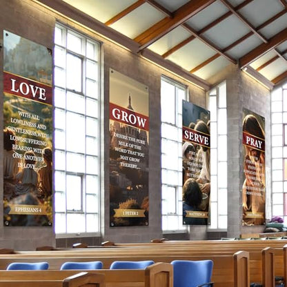 4Pcs Spring Church Banners for Sanctuary Wall Welcome Religious Banner Hanging Backdrop Yellow Serve Grow Love Pray Signs Bible Verses Scripture Church Hanging Signs for Sunday School Decor - style: Serve Grow Love Pray
