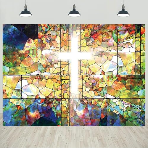5x3ft Jesus Christ Cross Backdrop Stained Glass Holy Bible for Church Event Photography Background Crucifix Christian Religious Easter Decorations Banner Portraits Photo Studio Props - size: 5x3ft