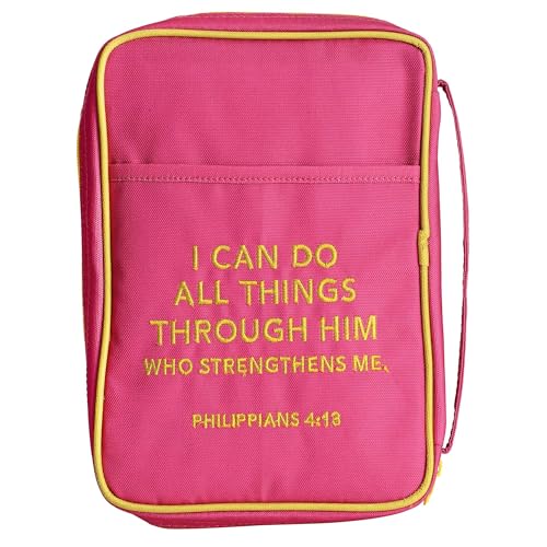 Dicksons Decorative Girls Zippered Bible Cover, Youth Book Case with Carry Handle for Church Travel, 9.5 x 7 Inch Denier Polyester Rainbow I Can Do All Things Pink