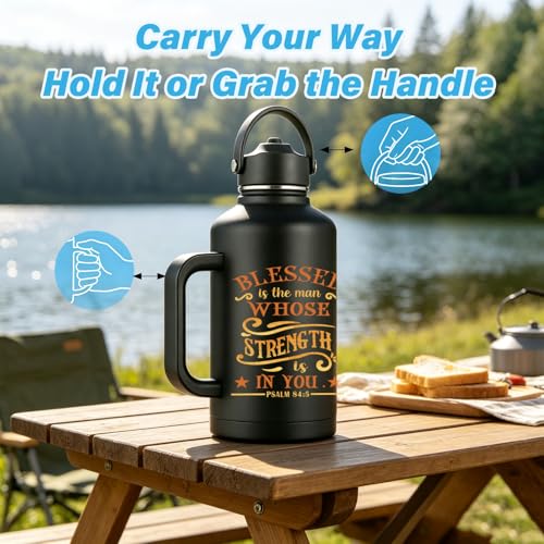 Christian Art Gifts for Men Women 64 oz Water Bottle Insulated with Straw and Handle Jesus Gift Mug Double Wall Vacuum Travel Tumbler Coffee Mug Religious Gifts - Blessed Is The Man - Psalm 84:5 - color: Christian-1