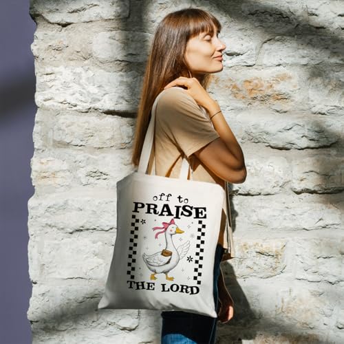 Chicimln Christian Goose Tote Bag, off to Praise the Lord Bible Verse Canvas Tote Bags - color: White 09