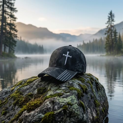 Black Camo Baseball Cap with Cross Embroidery Adjustable Dad Hat