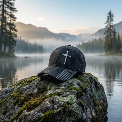 Black Camo Baseball Cap with Cross Embroidery Adjustable Dad Hat