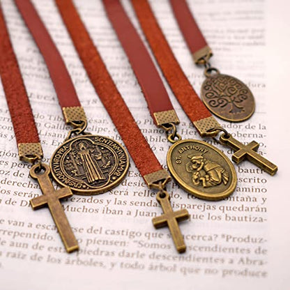 BLBMH Genuine Leather Bible Bookmark with Cross | Catholic Gifts for Men Dad | Christian Book Marker with Ribbon - Saint Anthony - LB3 - color: Alb3