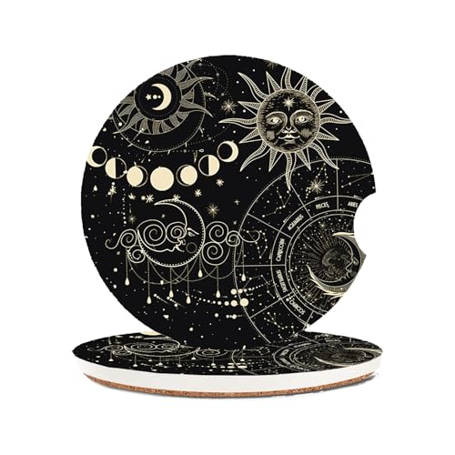 Absorbent Car Coasters 2 Pack for Cup Holders, 2.56" Ceramic Stone & Non-Scratch Cork Base Drink Coasters(Moon and Sun) - color: Moon and Sun