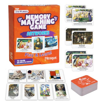 Menique Memory Matching Game – Famous Paintings for Adults & Kids – 70 Cards (35 Pairs) – Bilingual Art Game – Educational & Concentration Activity - style: Art