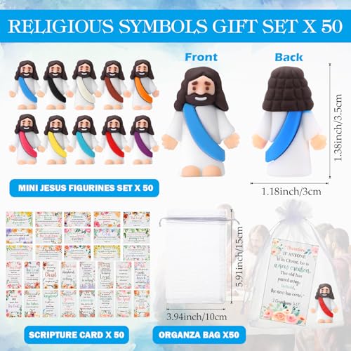Bememo 50 Sets Bible Verse Cards Include 50 Prayer Cards, 50 Mini Rubber Jesus Figurines and 50 Organza Bags for Religious Party Favors Sunday School Baptism Gifts (Flower Style, Classic) - color: Classic, style: Flower Style