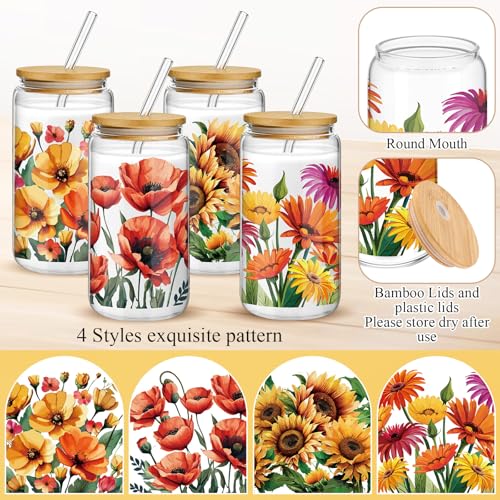 Mumufy 4 Pack Oil Flower Glass Cup, 16 oz Tumbler Mug with Bamboo Lid - style: Oil Flower