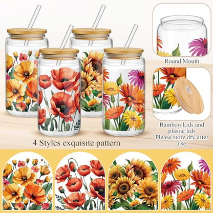 Mumufy 4 Pack Oil Flower Glass Cup, 16 oz Tumbler Mug with Bamboo Lid - style: Oil Flower