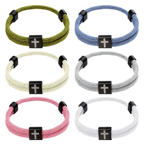 PineHaven 6 Pcs Braided Cross Bracelet for Men Women, Adjustable Christian Rope Cross Bracelet with Metal Knot Religious Gifts - color: Macaron colors