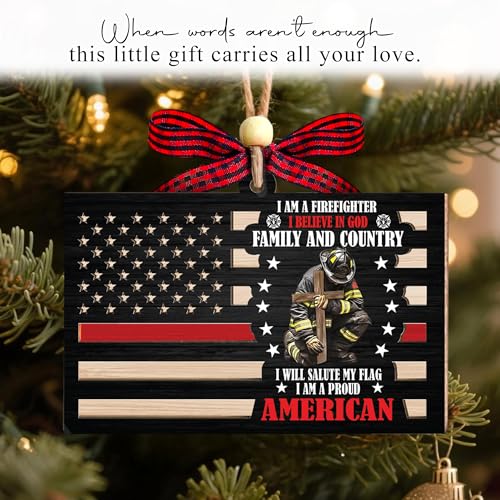 American Flag Firefighter Ornament 2025-2 Layer Wooden Firefighter Ornaments for Christmas Tree - Firefighters Christmas Hanging Decor - Firefighter Gifts for Men Woman Christian - Fireman Ornament