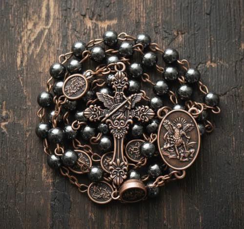 Nazareth Store St Michael Rosary Hematite Stone Beads Necklace Metal Beaded Glory Beads Archangel Medal & Cross with Metal Gift Box - color: Copper | St.Michael Cross