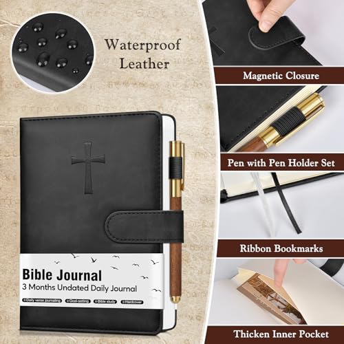 Leather Christian Bible Journal for Men, Prayer Journal for Scripture Study & Daily Devotional, Undated Church Notes Notebook, Jesus Religious Faith Gifts for Pastor, Graduation, Baptism, Black - color: Black
