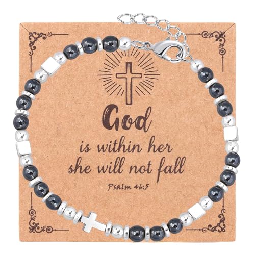 Beaded Bracelets for Women, Inspirational Natural Gemstone Bracelets Graduation Mothers Day Christmas Birthday Gifts for Mom, Daughter, Granddaughter, Wife, Sister, Best Friend - color: Black Onyx, style: Cross