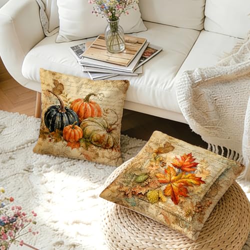 Farmhouse Fall Maple Leaf Pumpkin Throw Pillow Covers 18x18 Set of 2 - color: Pumpkin-7