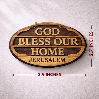 Handmade Olive Wood God Bless Our Home Wall Plaque from Bethlehem – Christian Wall Decor, Religious House Blessing Sign, Holy Land Wooden Wall Hanging with Gift Pouch & Certificate of Authenticity