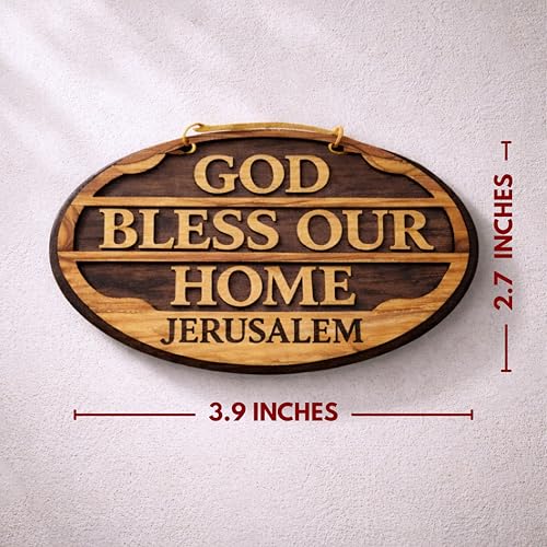 Handmade Olive Wood God Bless Our Home Wall Plaque from Bethlehem – Christian Wall Decor, Religious House Blessing Sign, Holy Land Wooden Wall Hanging with Gift Pouch & Certificate of Authenticity