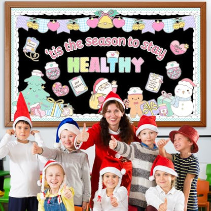 Christmas Health Bulletin Board Decorations Set Xmas Pastel Healthy Habits Poster Christmas Tree Snowman Santa Cutouts for Classroom School Home Chalkboard Wall Winter Holiday Party Decor Supplies - style: Health