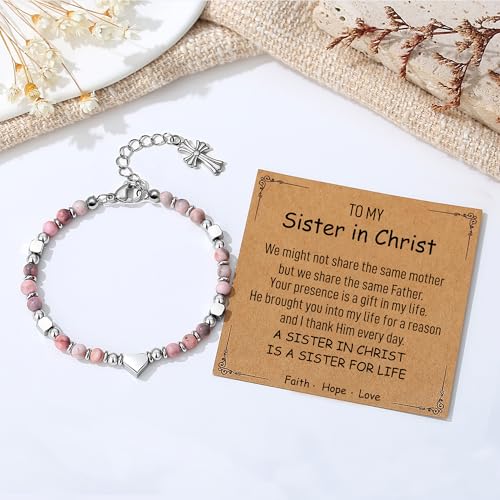 TONY & SANDY Christian Gifts for Women, Religious Cross Bracelet Faith Jewelry, Confirmation Baptism Christmas Birthday Gifts for Women, Unique Gifts for Teens Girls Kids Adults - style: Sister in Christ - Jasper