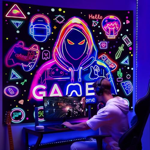 Apdidl Blacklight Gaming Wall Tapestry, Black Light UV Game Player Posters - color: Gamer Blacklight Tapestry, size: 60"L x 51"W