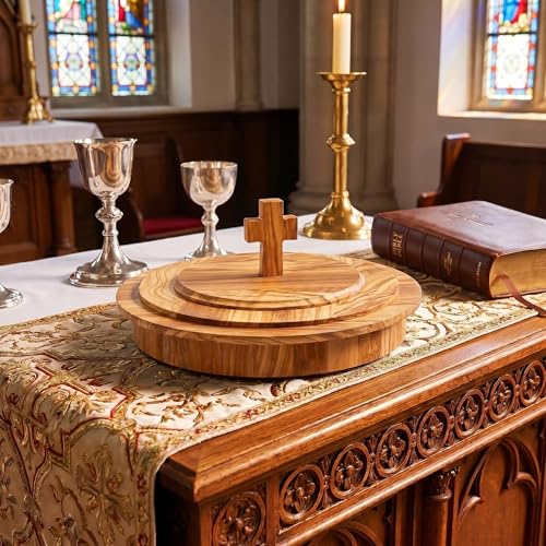 Zhehao 1 Pcs Wood Communion Bread Plate for Church Holy Communion Wafer Tray with Lid Elegant Worship Serving Plate for Church Service Ceremony (Olivewood Style) - style: Olivewood Style