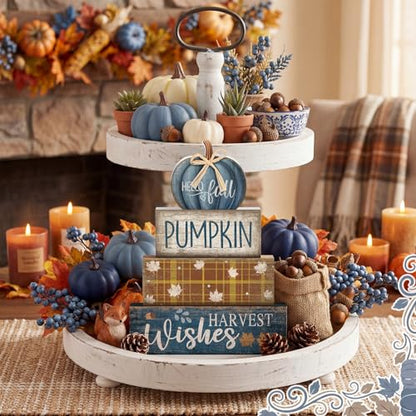 Lineshading 4 Pcs Blue Pumpkin Wooden Block Signs Fall Farmhouse Decor - style: Blue Pumpkin