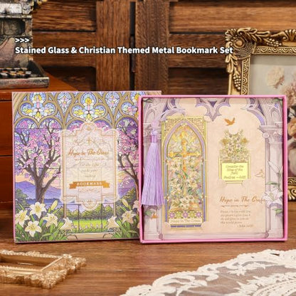 2PCS Metal Bookmark & Book Clip Gift Set, Bible Stained Glass Themed Bookmarks, Book Marks for Reading Women, Men, Adults, Book Lovers, Book Markers for Teachers Appreciation Gifts, Hope in the Cross