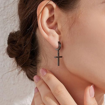 Han han 925 Sterling Silver Cross Earrings for Women and Men - style: A-Large cross hoop earrings-black