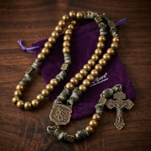 Nazareth Store St Michael Paracord Rosary Beads Rugged Rosary Necklace Strong Corded Catholic Pardon Crucifix - color: Antique Bronze